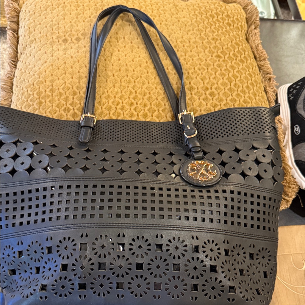 Classic Black Laser-Cut Tote With Gold Charm Accent